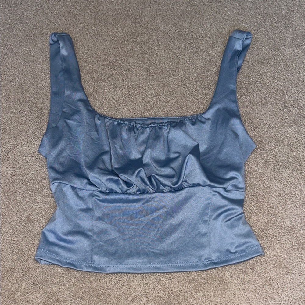 Live in the Moment Satin Crop Top in Steel Blue